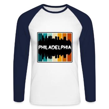 Philadelphie Pennsylvanie États-Unis Skyline Silhouette T - T-shirt baseball manches longues Homme - blanc/marine - Devant - Nik (191cm)