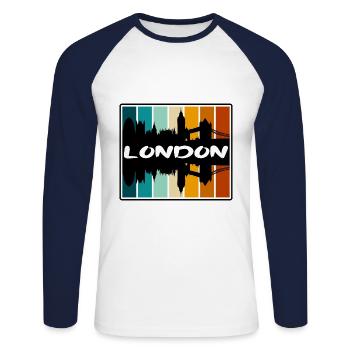 Londres Angleterre Skyline Silhouette Voyage Souvenir - T-shirt baseball manches longues Homme - blanc/marine - Devant - Nik (191cm)