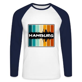 Hamburg Germany Skyline Silhouette Travel Souvenir - Unisex Long Sleeve Baseball T-Shirt - white/navy - Front - Nik (191cm)