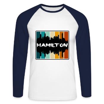Hamilton Canada Skyline Silhouette Travel Souvenir - Unisex Long Sleeve Baseball T-Shirt - white/navy - Front - Nik (191cm)