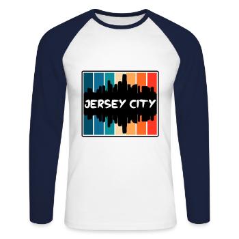 Jersey City New Jersey États-Unis Skyline Silhouette - T-shirt baseball manches longues Homme - blanc/marine - Devant - Nik (191cm)