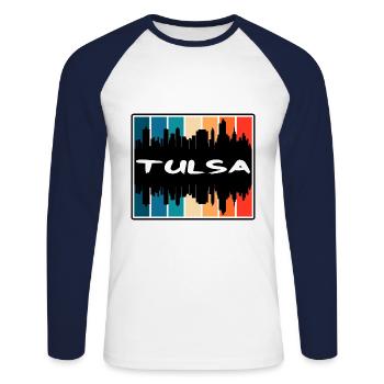 Tulsa Oklahoma États-Unis Skyline Silhouette Souve de voyage - T-shirt baseball manches longues Homme - blanc/marine - Devant - Nik (191cm)
