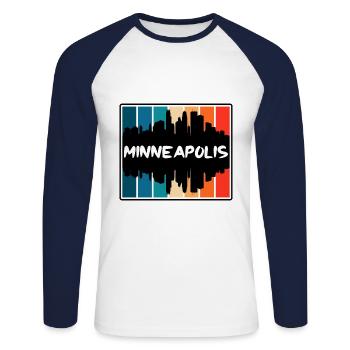 Minneapolis Minnesota États-Unis Skyline Silhouette Trave - T-shirt baseball manches longues Homme - blanc/marine - Devant - Nik (191cm)