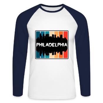 Philadelphie Pennsylvanie États-Unis Skyline Silhouette T - T-shirt baseball manches longues Homme - blanc/marine - Devant - Nik (191cm)
