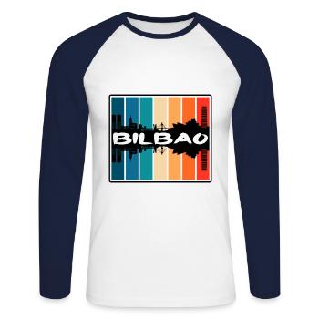 Bilbao Spain Skyline Silhouette Travel Souvenir - Unisex Long Sleeve Baseball T-Shirt - white/navy - Front - Nik (191cm)
