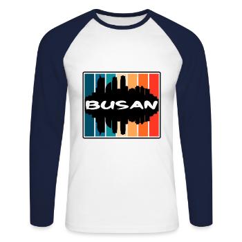 Busan Corée du Sud Skyline Silhouette Travel Souven - T-shirt baseball manches longues Homme - blanc/marine - Devant - Nik (191cm)