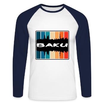 Baku Azerbaijan Skyline Silhouette Travel Souvenir - Unisex Long Sleeve Baseball T-Shirt - white/navy - Front - Nik (191cm)