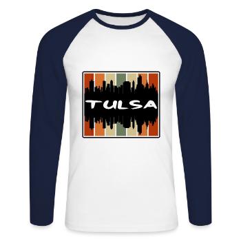Tulsa Oklahoma États-Unis Skyline Silhouette Souve de voyage - T-shirt baseball manches longues Homme - blanc/marine - Devant - Nik (191cm)