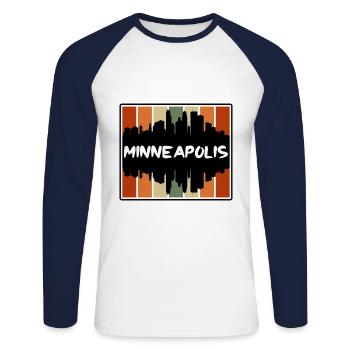 Minneapolis Minnesota États-Unis Skyline Silhouette Trave - T-shirt baseball manches longues Homme - blanc/marine - Devant - Nik (191cm)