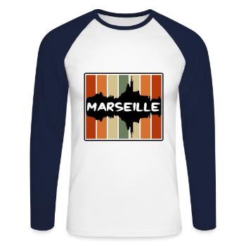 Marseille France Skyline Silhouette Voyage Souveni - T-shirt baseball manches longues Homme - blanc/marine - Devant - Nik (191cm)
