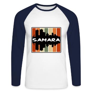 Samara Russie Skyline Silhouette Souvenir de voyage - T-shirt baseball manches longues Homme - blanc/marine - Devant - Nik (191cm)
