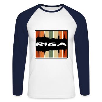Riga Latvia Skyline Silhouette Travel Souvenir - Unisex Long Sleeve Baseball T-Shirt - white/navy - Front - Nik (191cm)