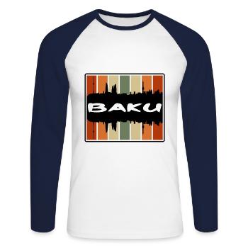 Baku Azerbaijan Skyline Silhouette Travel Souvenir - Unisex Long Sleeve Baseball T-Shirt - white/navy - Front - Nik (191cm)