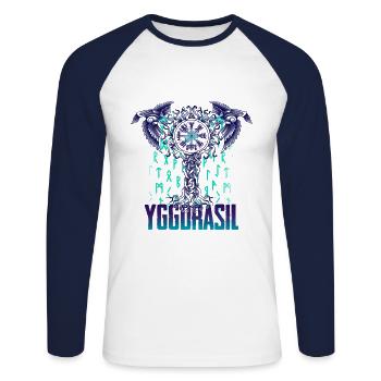 Yggdrasil World Tree and Crows - Hugin & Munin - Unisex Long Sleeve Baseball T-Shirt - white/navy - Front - Nik (191cm)