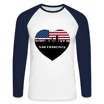 San Francisco Californie États-Unis Flag Skyline Voyage S - T-shirt baseball manches longues Homme - blanc/marine - Devant - Nik (191cm)