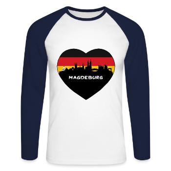 Magdeburg Deutschland Flagge Skyline Reise Souvenir - Unisex Baseballshirt langarm - Weiß/Navy - Vorne - Nik (191cm)