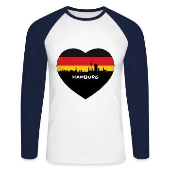 Hamburg Germany Flag Skyline Travel Souvenir - Unisex Long Sleeve Baseball T-Shirt - white/navy - Front - Nik (191cm)