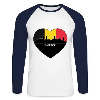 Gand Belgique Drapeau Skyline Travel Souvenir - T-shirt baseball manches longues Homme - blanc/marine - Devant - Nik (191cm)