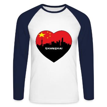 Flaggen-Skyline-Reise-Andenken Shanghais China - Unisex Baseballshirt langarm - Weiß/Navy - Vorne - Nik (191cm)