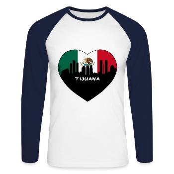 Tijuana Mexico Flag Skyline Travel Souvenir - Unisex Long Sleeve Baseball T-Shirt - white/navy - Front - Nik (191cm)