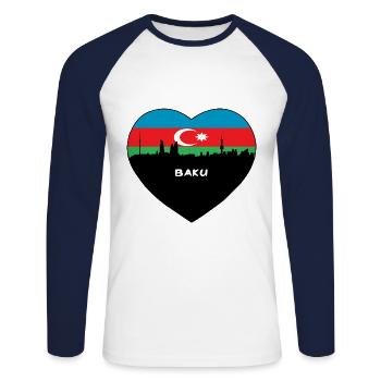 Baku Azerbaijan Flag Skyline Travel Souvenir - Unisex Long Sleeve Baseball T-Shirt - white/navy - Front - Nik (191cm)