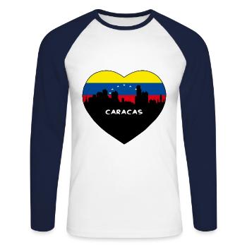 Caracas Venezuela Flag Skyline Travel Souvenir - Unisex Long Sleeve Baseball T-Shirt - white/navy - Front - Nik (191cm)