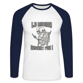 The world is going crazy! - Unisex Long Sleeve Baseball T-Shirt - white/navy - Front - Nik (191cm)