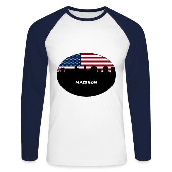 Madison Wisconsin États-Unis Flag Skyline Souvenir de voyage - T-shirt baseball manches longues Homme - blanc/marine - Devant - Nik (191cm)