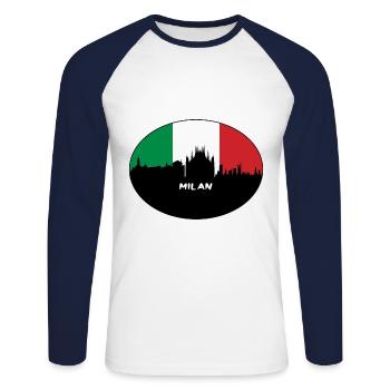 Milan Italy Flag Skyline Travel Souvenir - Unisex Long Sleeve Baseball T-Shirt - white/navy - Front - Nik (191cm)