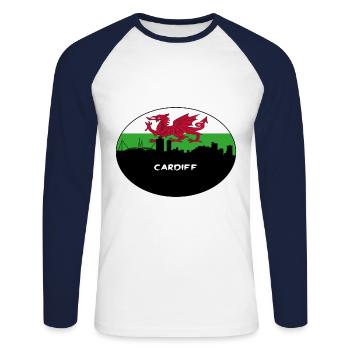 Cardiff Wales Flag Skyline Souvenir de voyage - T-shirt baseball manches longues Homme - blanc/marine - Devant - Nik (191cm)