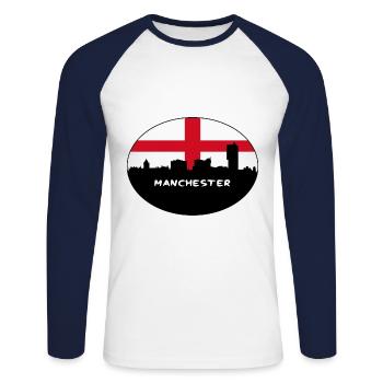 Manchester England Flag Skyline Travel Souvenir - Unisex Long Sleeve Baseball T-Shirt - white/navy - Front - Nik (191cm)