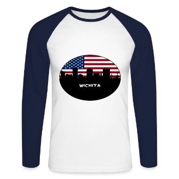 Wichita Kansas USA Flagge Skyline Reise Souvenir - Unisex Baseballshirt langarm - Weiß/Navy - Vorne - Nik (191cm)