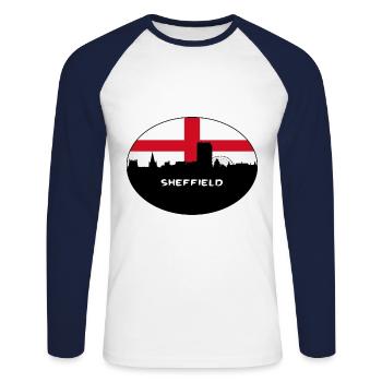Sheffield England Flag Skyline Travel Souvenir - Unisex Long Sleeve Baseball T-Shirt - white/navy - Front - Nik (191cm)