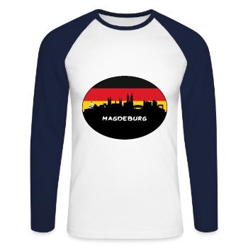 Magdeburg Deutschland Flagge Skyline Silhouette Reisen - Unisex Baseballshirt langarm - Weiß/Navy - Vorne - Nik (191cm)