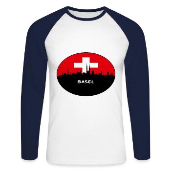 Basel-Schweiz-Flaggen-Skyline-Schattenbild-Reise - Unisex Baseballshirt langarm - Weiß/Navy - Vorne - Nik (191cm)