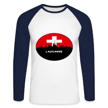 Lausanne Switzerland Flag Skyline Silhouette Trave - Unisex Long Sleeve Baseball T-Shirt - white/navy - Front - Nik (191cm)