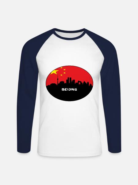 Peking-China-Flaggen-Skyline-Schattenbild-Reise - Unisex Baseballshirt langarm - Weiß/Navy
