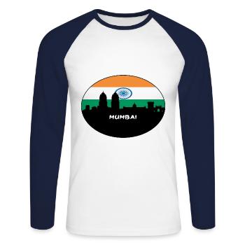 Mumbai, Indien, Flagge, Skyline, Silhouette, Travel - Unisex Baseballshirt langarm - Weiß/Navy - Vorne - Nik (191cm)
