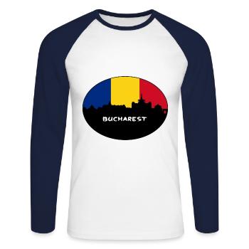 Bucharest Romania Flag Skyline Silhouette Travel - Unisex Long Sleeve Baseball T-Shirt - white/navy - Front - Nik (191cm)