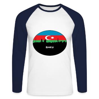 Bakou Azerbaïdjan Drapeau Skyline Silhouette Travel - T-shirt baseball manches longues Homme - blanc/marine - Devant - Nik (191cm)