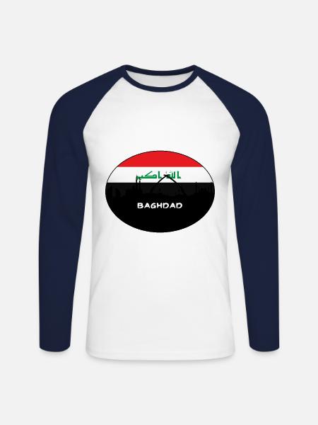 Baghdad Iraq Flag Skyline Silhouette Travel - Unisex Long Sleeve Baseball T-Shirt - white/navy