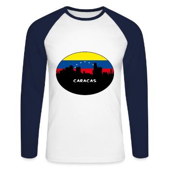 Caracas Venezuela Flag Skyline Silhouette Travel - Unisex Long Sleeve Baseball T-Shirt - white/navy - Front - Nik (191cm)