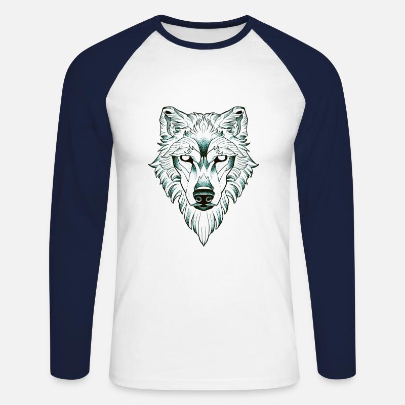 Symmetrisches Wolfs-Dotwork - Unisex Baseballshirt langarm - Weiß/Navy