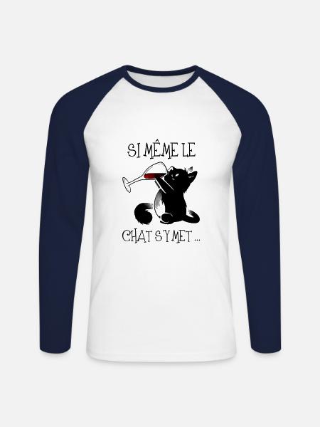 Chat qui picole .. - T-shirt baseball manches longues Homme - blanc/marine