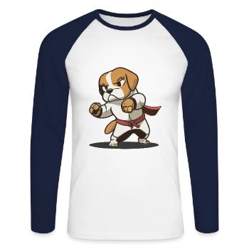 Cute Dog Knows Karate Cartoon Illustration - Unisex Long Sleeve Baseball T-Shirt - white/navy - Front - Nik (191cm)