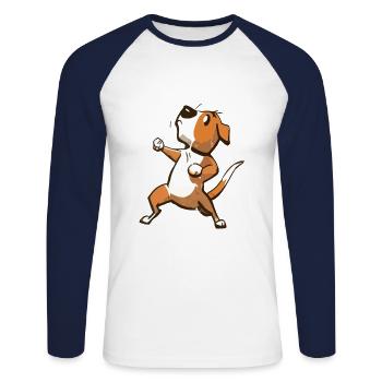 Funny Cute Dog Knows Karate Cartoon Illustration - Unisex Long Sleeve Baseball T-Shirt - white/navy - Front - Nik (191cm)