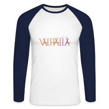 Road to Valhalla - Vikings text logo - Unisex Long Sleeve Baseball T-Shirt - white/navy - Front - Nik (191cm)