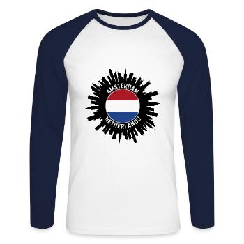 Amsterdam Skyline Pays-Bas Flag Souvenir de voyage - T-shirt baseball manches longues Homme - blanc/marine - Devant - Nik (191cm)