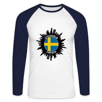 Stockholm Skyline Suède Flag Souvenir de voyage - T-shirt baseball manches longues Homme - blanc/marine - Devant - Nik (191cm)