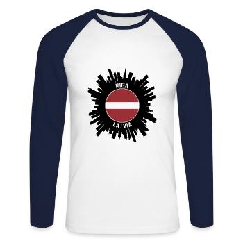 Riga Skyline Latvia Flag Travel Souvenir - Unisex Long Sleeve Baseball T-Shirt - white/navy - Front - Nik (191cm)
